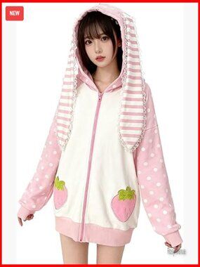 Y2K Animal Ear Hoodie Harajuku Graphic Embroidery Zip Up Baggy Jacket